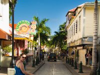 Paula walking down Front St. This is pretty much it at it&#39;s narrowest and if you want to park here you have to get up on the curb or sidewalk, which many drivers did!